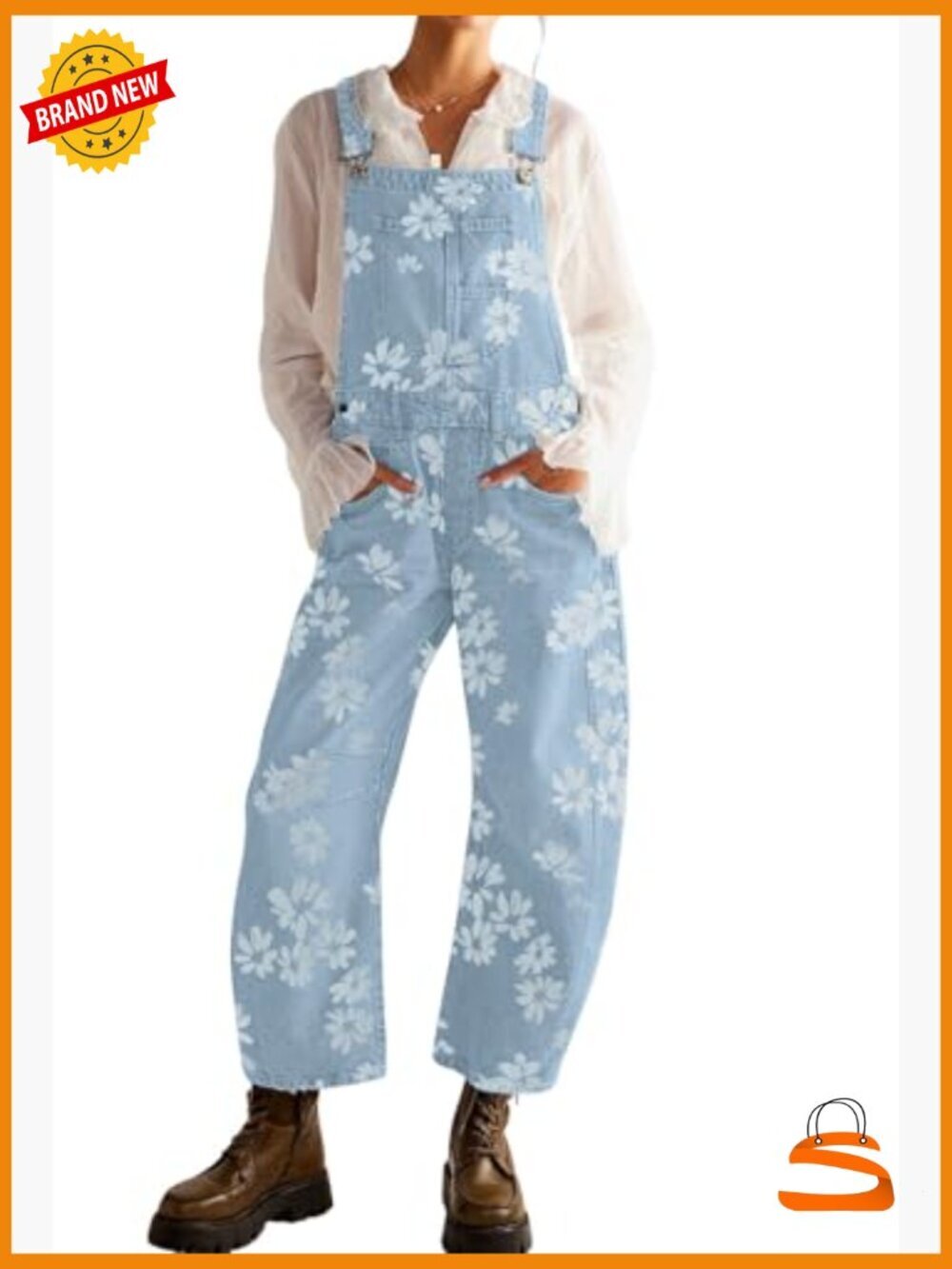 Floral Print Denim Overalls Baggy Barrel Jeans Y2K Wide Leg Jumpsuit One Piece - Picture 3 of 7